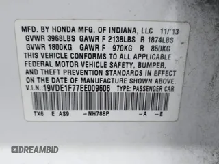 2014 Acura ILX Technology with VIN 19VDE1F77EE009606, listed as a IAAI auction lot 41753813 with 89,945 mi miles and . Bid and sale history available at DreamBid. Image 9.