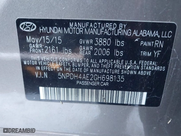 2016 Hyundai Elantra SE with VIN 5NPDH4AE2GH698135, listed as a IAAI auction lot 41337872 with 1 mi miles. Bid and sale history available at carsss.com. Image 9.