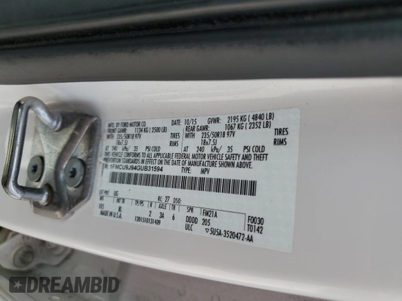 2016 Ford Escape Titanium with VIN 1FMCU9J94GUB31594, listed as a Copart auction lot 51690565 with 119,699 mi miles and Salvage Title. Bid and sale history available at DreamBid. Image 14.