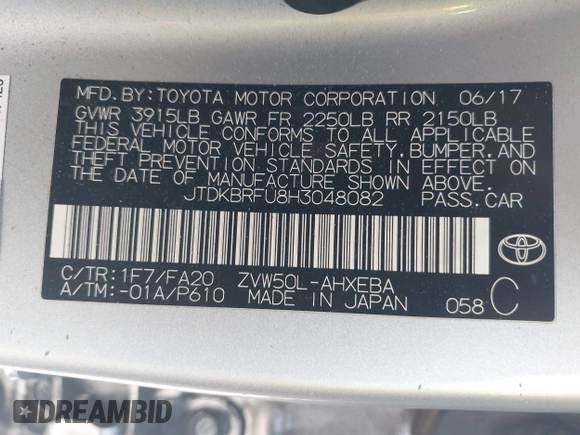2017 Toyota Prius Two with VIN JTDKBRFU8H3048082, listed as a IAAI auction lot 42496637 with 104,302 mi miles and . Bid and sale history available at DreamBid. Image 9.