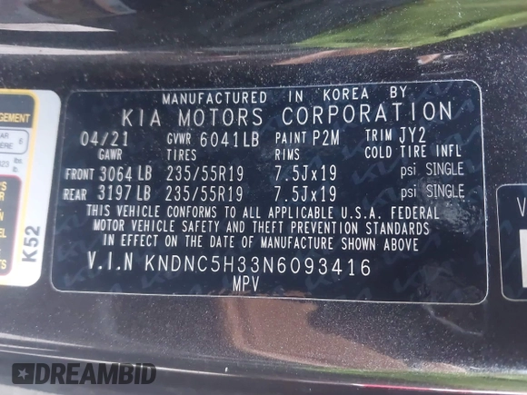 2022 Kia Carnival EX with VIN KNDNC5H33N6093416, listed as a IAAI auction lot 41299425 with 93,991 mi miles. Bid and sale history available at carsss.com. Image 9.