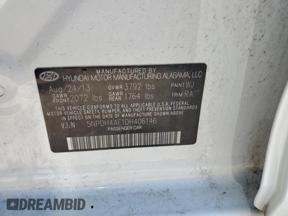 2013 Hyundai Elantra Limited with VIN 5NPDH4AE1DH406146, listed as a Copart auction lot 51914545 with 79,288 mi miles and Salvage Title. Bid and sale history available at DreamBid. Image 12.