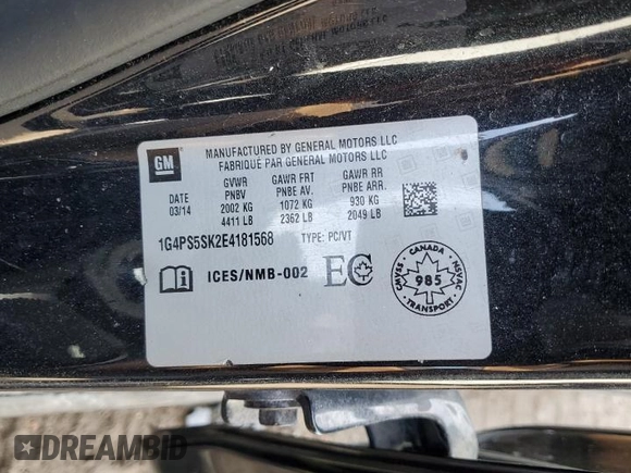 2014 Buick Verano Leather Group with VIN 1G4PS5SK2E4181568, listed as a Copart auction lot 48698125 with 0 mi miles and Salvage Title. Bid and sale history available at carsss.com. Image 12.