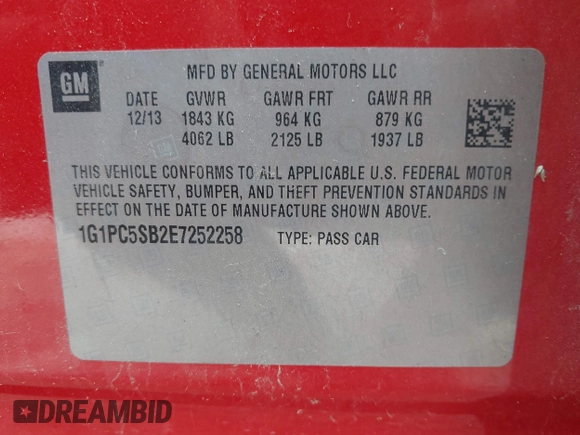 2014 Chevrolet Cruze 1LT with VIN 1G1PC5SB2E7252258, listed as a IAAI auction lot 42631748 with 109,064 mi miles and . Bid and sale history available at DreamBid. Image 9.