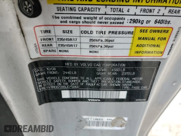 2009 Volvo C70 with VIN YV1MC67289J075064, listed as a Copart auction lot 45045255 with 91,585 mi miles and Clean Title. Bid and sale history available at carsss.com. Image 12.
