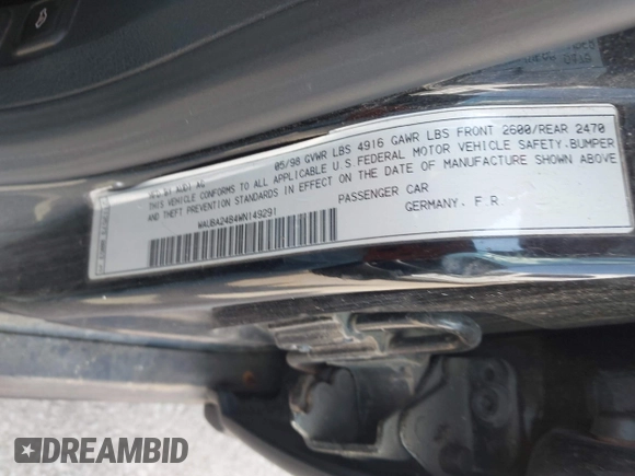 1998 Audi A6 z VIN WAUBA24B4WN149291, wystawiony jako IAAI lot #42256333 z przebiegiem 189 241 mil mil oraz . Historia ofert i sprzedaży dostępna na DreamBid. Obrazek 9.