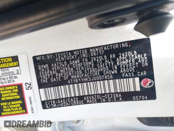 2018 Toyota Camry LE with VIN 4T1B11HK5JU007856, listed as a IAAI auction lot 42531732 with 121,020 mi miles and . Bid and sale history available at DreamBid. Image 9.