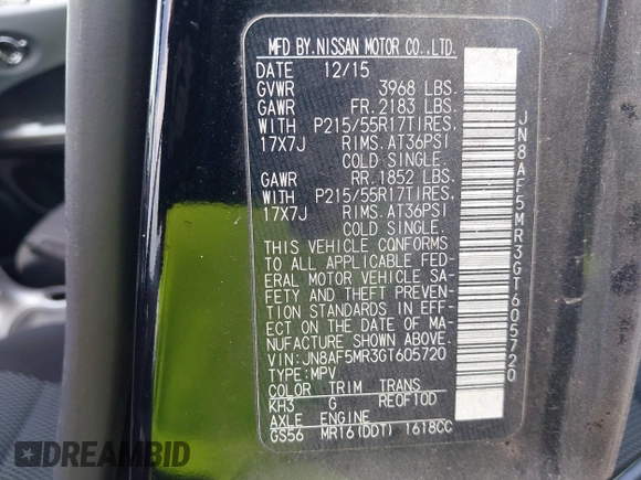 2016 Nissan Juke S with VIN JN8AF5MR3GT605720, listed as a IAAI auction lot 42743392 with 72,373 mi miles and . Bid and sale history available at DreamBid. Image 9.