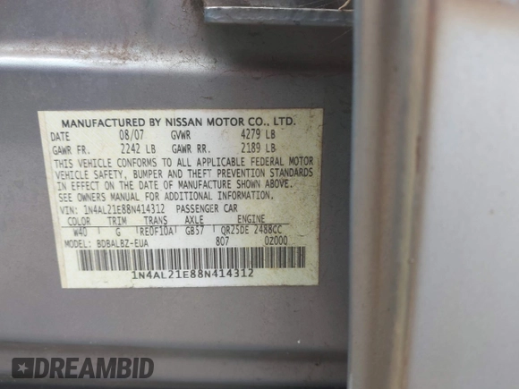 2008 Nissan Altima SL with VIN 1N4AL21E88N414312, listed as a IAAI auction lot 41819202 with Not Provided miles and . Bid and sale history available at DreamBid. Image 9.