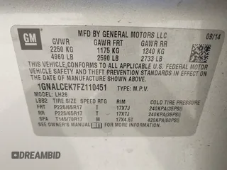 2015 Chevrolet Equinox LT with VIN 1GNALCEK7FZ110451, listed as a IAAI auction lot 41414460 with 160,705 mi miles. Bid and sale history available at carsss.com. Image 9.