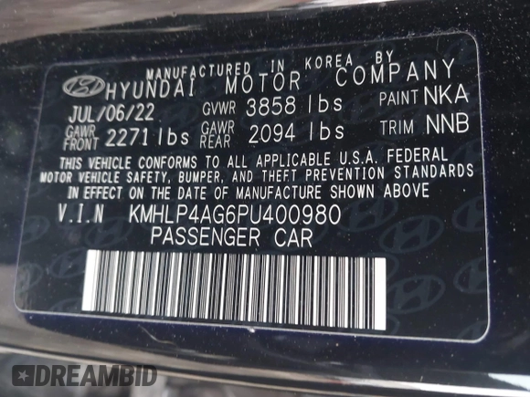 2023 Hyundai Elantra Limited with VIN KMHLP4AG6PU400980, listed as a IAAI auction lot 41886606 with 19,219 mi miles and . Bid and sale history available at DreamBid. Image 9.