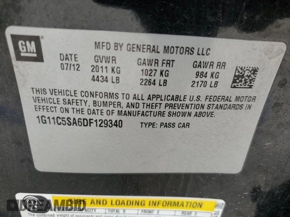2013 Chevrolet Malibu LT with VIN 1G11C5SA6DF129340, listed as a Copart auction lot 53962165 with 175,057 mi miles and Salvage Title. Bid and sale history available at DreamBid. Image 12.