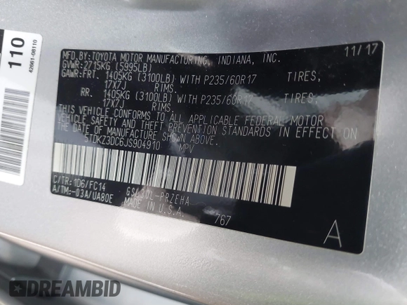 2018 Toyota Sienna LE Auto Access Seat with VIN 5TDKZ3DC6JS904910, listed as a IAAI auction lot 41138869 with 109,900 mi miles and . Bid and sale history available at DreamBid. Image 9.