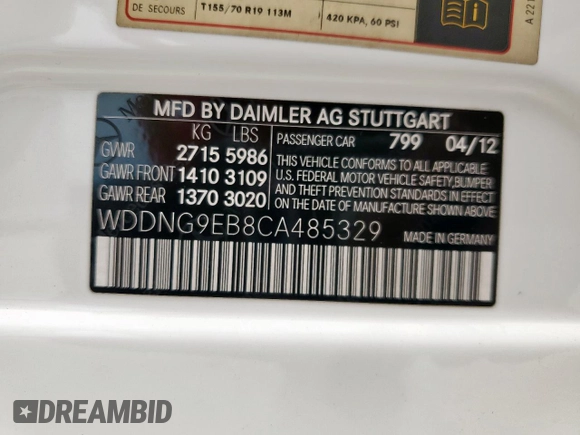 2012 Mercedes-Benz S 550 with VIN WDDNG9EB8CA485329, listed as a Copart auction lot 58992065 with 148,489 mi miles and Salvage title. Bid and sale history available at DreamBid. Image 12.