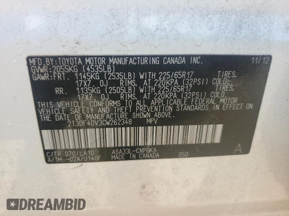 2012 Toyota RAV4 Limited with VIN 2T3DF4DV3CW262348, listed as a Copart auction lot 51750065 with 168,115 mi miles and Salvage Title. Bid and sale history available at DreamBid. Image 13.