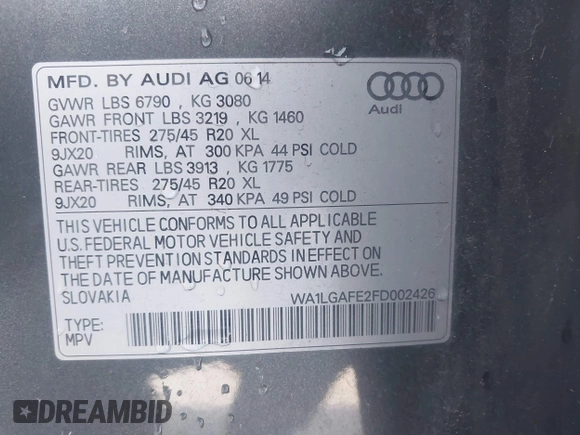 2015 Audi Q7 Premium Plus with VIN WA1LGAFE2FD002426, listed as a IAAI auction lot 42004603 with 84,793 mi miles and . Bid and sale history available at DreamBid. Image 9.