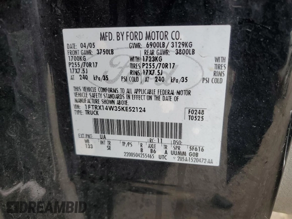 2005 Ford F-150 STX with VIN 1FTRX14W35KE52124, listed as a Copart auction lot 55623765 with 127,747 mi miles and Clean title. Bid and sale history available at DreamBid. Image 12.