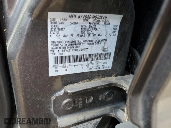 2006 Ford F-250 XL with VIN 1FTSW21P56EC28375, listed as a Copart auction lot 59995265 with 203,104 mi miles and Salvage title. Bid and sale history available at DreamBid. Image 12.