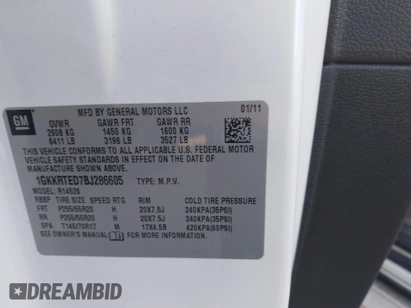 2011 GMC Acadia Denali with VIN 1GKKRTED7BJ286605, listed as a IAAI auction lot 41782992 with 119,154 mi miles and . Bid and sale history available at DreamBid. Image 9.