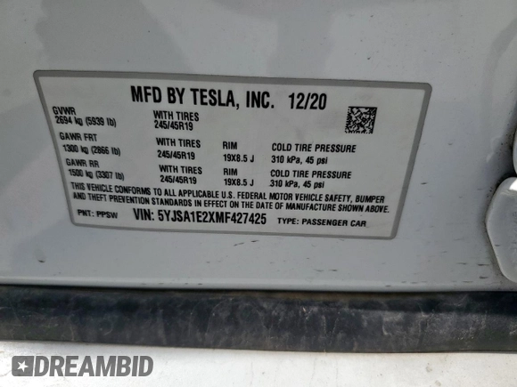 2021 Tesla Model S Long Range Plus z VIN 5YJSA1E2XMF427425, wystawiony jako Copart lot #61996075 z przebiegiem 73 786 mil mil oraz Szkoda całkowita • Salvage title. Historia ofert i sprzedaży dostępna na DreamBid. Obrazek 13.