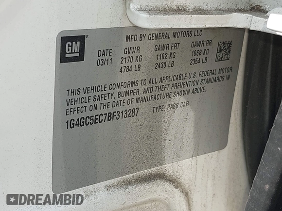 2011 Buick LaCrosse CXL with VIN 1G4GC5EC7BF313287, listed as a IAAI auction lot 42642954 with 81,772 mi miles and . Bid and sale history available at DreamBid. Image 9.