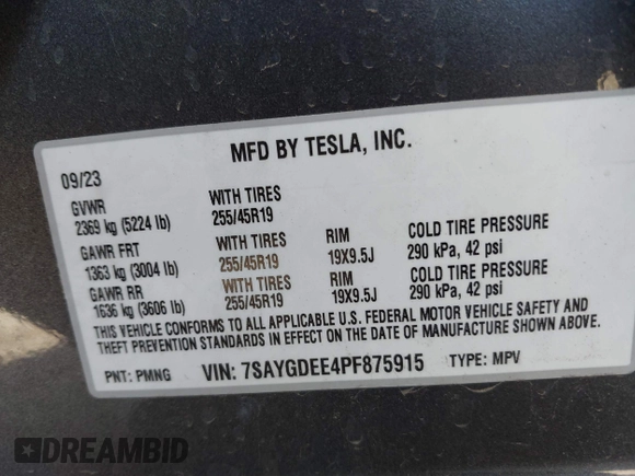2023 Tesla Model Y Long Range with VIN 7SAYGDEE4PF875915, listed as a IAAI auction lot 42095178 with 11,928 mi miles and . Bid and sale history available at DreamBid. Image 9.