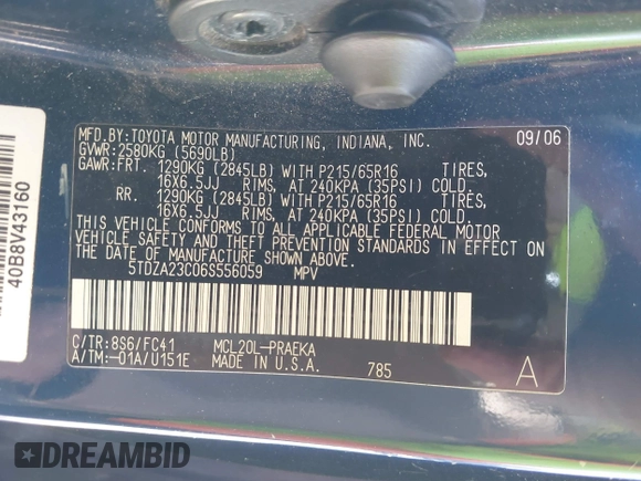 2006 Toyota Sienna CE with VIN 5TDZA23C06S556059, listed as a IAAI auction lot 42033813 with 199,149 mi miles and . Bid and sale history available at DreamBid. Image 9.