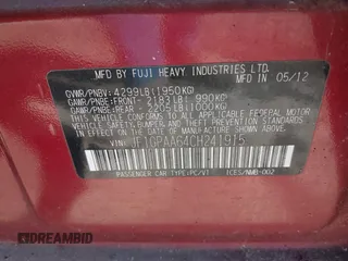 2012 Subaru Impreza 2.0i с VIN JF1GPAA64CH241915, выставлен на аукционе IAAI как лот 41824963 с пробегом 111 808 миль миль и . История ставок и продаж доступна на DreamBid. Изображение 9.