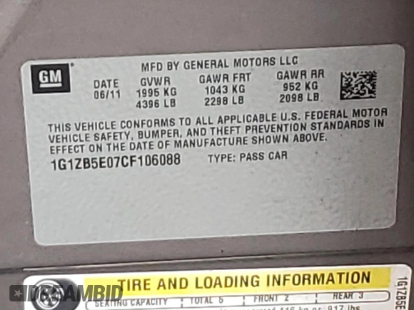2012 Chevrolet Malibu 1LS with VIN 1G1ZB5E07CF106088, listed as a Copart auction lot 42247195 with 205,858 mi miles and Salvage Title. Bid and sale history available at DreamBid. Image 12.