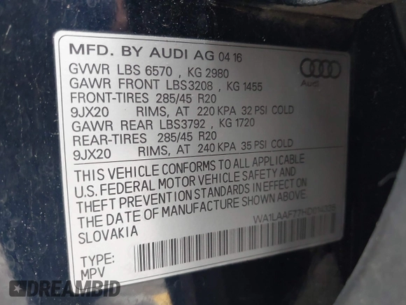 2017 Audi Q7 Premium Plus with VIN WA1LAAF77HD014335, listed as a IAAI auction lot 42376902 with 163,877 mi miles and . Bid and sale history available at DreamBid. Image 9.