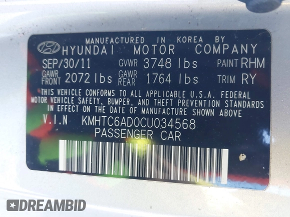 2012 Hyundai Veloster w/Gray Int with VIN KMHTC6AD0CU034568, listed as a IAAI auction lot 41460659 with 141,826 mi miles and . Bid and sale history available at DreamBid. Image 9.