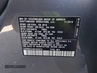 2019 Volkswagen Atlas SE with VIN 1V2WR2CA4KC620074, listed as a IAAI auction lot 42657399 with 75,306 mi miles and . Bid and sale history available at DreamBid. Image 9.