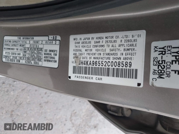 2002 Acura RL with VIN JH4KA96552C008589, listed as a IAAI auction lot 41860930 with 210,847 mi miles and . Bid and sale history available at DreamBid. Image 9.