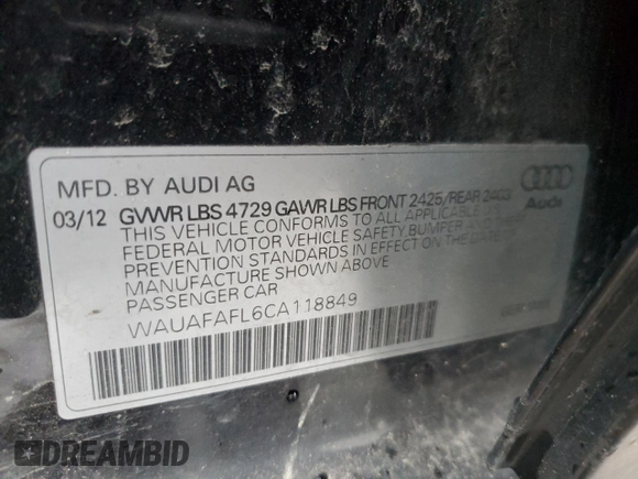 2012 Audi A4 2.0T Premium with VIN WAUAFAFL6CA118849, listed as a Copart auction lot 46673215 with 163,226 mi miles and Salvage Title. Bid and sale history available at carsss.com. Image 12.