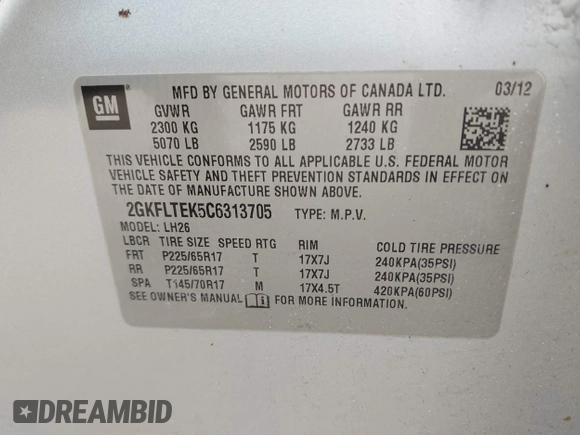 2012 GMC Terrain SLE-2 z VIN 2GKFLTEK5C6313705, wystawiony jako IAAI lot #41759513 z przebiegiem 129 128 mil mil oraz . Historia ofert i sprzedaży dostępna na DreamBid. Obrazek 9.