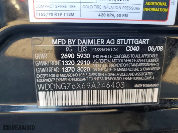 2009 Mercedes-Benz S-Class 5.5L V12 with VIN WDDNG76X69A246403, listed as a Copart auction lot 83614864 with 108,138 mi miles and Clean Title. Bid and sale history available at carsss.com. Image 12.