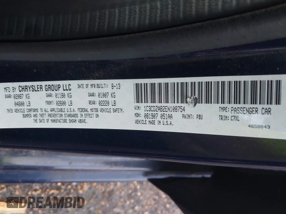 2014 Dodge Avenger SE with VIN 1C3CDZAB2EN108754, listed as a IAAI auction lot 42084617 with 144,074 mi miles. Bid and sale history available at carsss.com. Image 9.