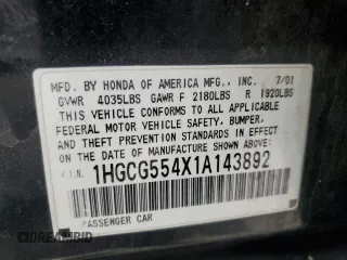 2001 Honda Accord LX with VIN 1HGCG554X1A143892, listed as a Copart auction lot 52162955 with 117,059 mi miles and Salvage title. Bid and sale history available at DreamBid. Image 12.