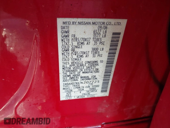 2007 Nissan Titan LE with VIN 1N6AA07BX7N207725, listed as a IAAI auction lot 40892833 with Not provided miles and . Bid and sale history available at DreamBid. Image 9.
