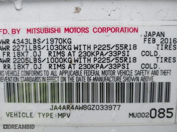 2016 Mitsubishi Outlander Sport 2.4 SEL with VIN JA4AR4AW8GZ033977, listed as a IAAI auction lot 40816210 with 102,249 mi miles. Bid and sale history available at carsss.com. Image 9.
