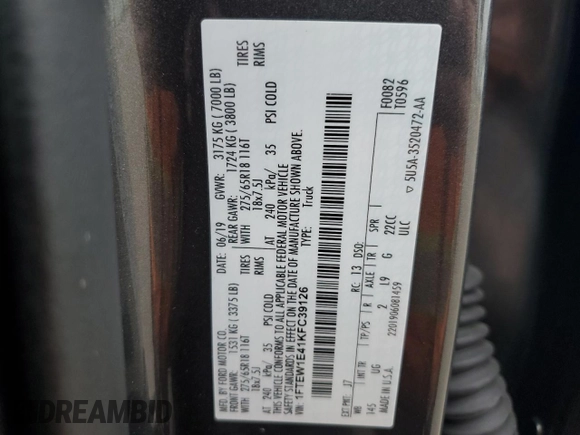 2019 Ford F-150 XL with VIN 1FTEW1E41KFC39126, listed as a Copart auction lot 61358815 with 43,765 mi miles and Salvage title. Bid and sale history available at DreamBid. Image 12.