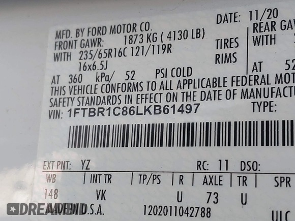 2020 Ford Transit Cargo with VIN 1FTBR1C86LKB61497, listed as a IAAI auction lot 41251878 with 44,294 mi miles and . Bid and sale history available at DreamBid. Image 9.