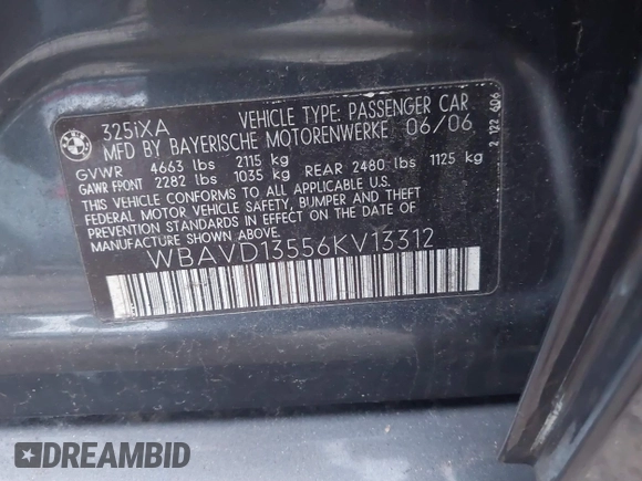2006 BMW 3 Series 325xi with VIN WBAVD13556KV13312, listed as a IAAI auction lot 41781117 with 177,569 mi miles. Bid and sale history available at carsss.com. Image 9.