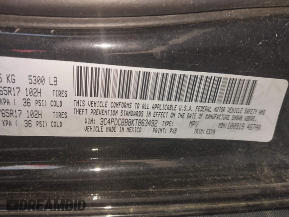 2019 Dodge Journey SE with VIN 3C4PDCBB8KT863492, listed as a IAAI auction lot 40446598 with Not provided miles and . Bid and sale history available at DreamBid. Image 9.