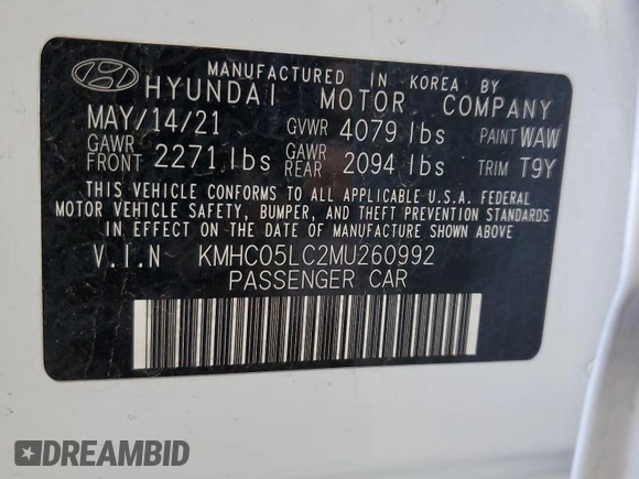2021 Hyundai Ioniq Limited with VIN KMHC05LC2MU260992, listed as a Copart auction lot 80240064 with 120,266 mi miles and Clean title. Bid and sale history available at DreamBid. Image 12.