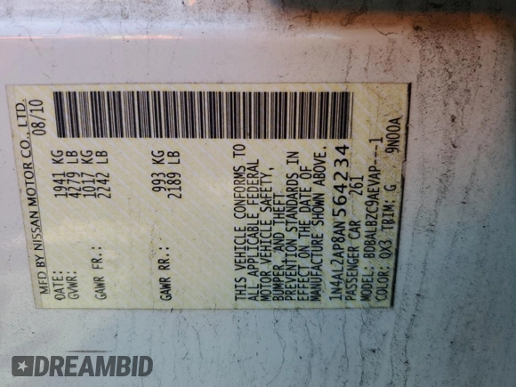 2010 Nissan Altima 2.5 S with VIN 1N4AL2AP8AN564234, listed as a Copart auction lot 51988575 with 238,392 mi miles and Salvage Title. Bid and sale history available at carsss.com. Image 13.