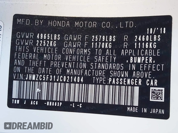 2018 Honda Clarity Plug-In Hybrid Touring with VIN JHMZC5F31JC021404, listed as a IAAI auction lot 41861106 with 189,254 mi miles. Bid and sale history available at carsss.com. Image 9.