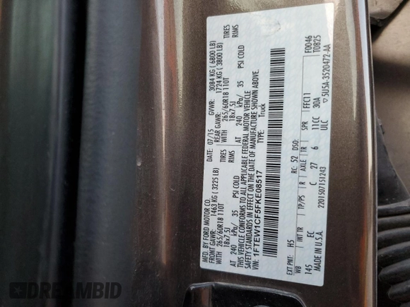 2015 Ford F-150 XL with VIN 1FTEW1CF5FKE08517, listed as a Copart auction lot 52567865 with 99,904 mi miles and Salvage title. Bid and sale history available at DreamBid. Image 13.