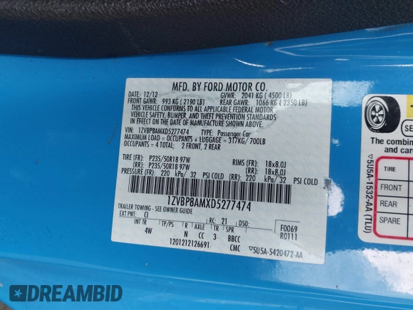 2013 Ford Mustang V6 with VIN 1ZVBP8AMXD5277474, listed as a IAAI auction lot 42576562 with 69,506 mi miles and . Bid and sale history available at DreamBid. Image 9.