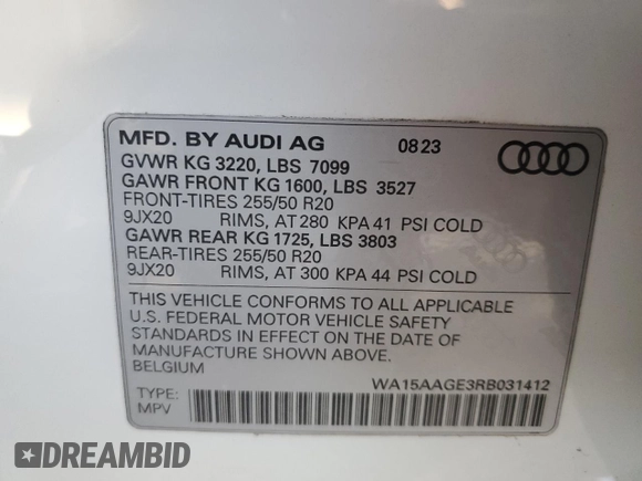 2024 Audi Q8 e-tron Premium Plus z VIN WA15AAGE3RB031412, wystawiony jako Copart lot #71624414 z przebiegiem 6 000 mil mil oraz Szkoda całkowita • Salvage title. Historia ofert i sprzedaży dostępna na DreamBid. Obrazek 14.